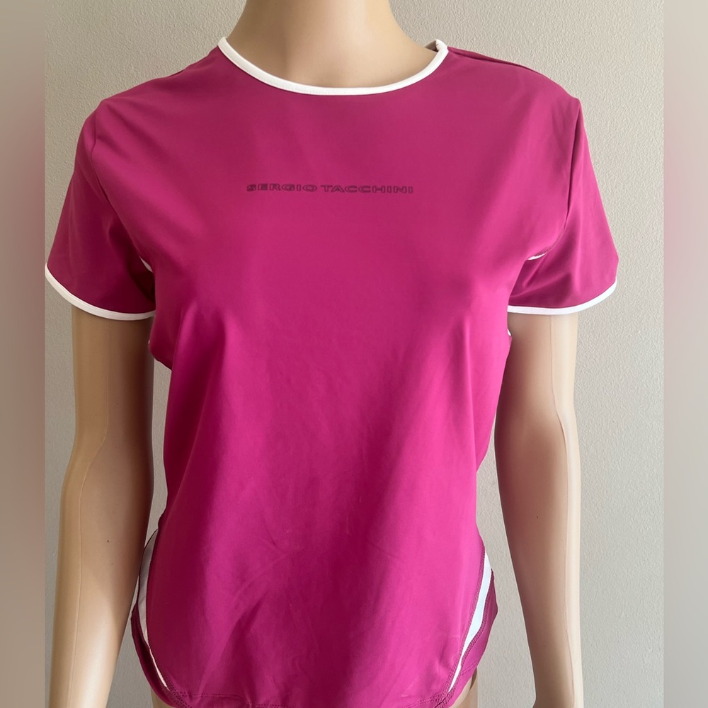 NWT Sergio Tacchini short sleeve shirt pink fuchsia white crew neck Sz L fit